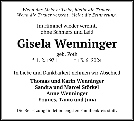 Traueranzeige von Gisela Wenninger von OF