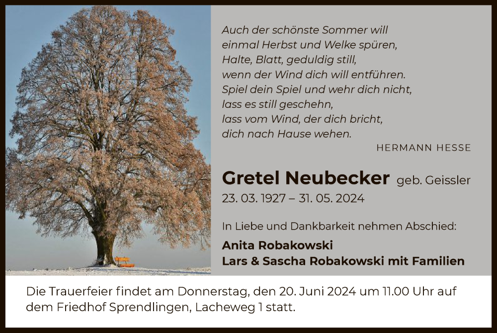  Traueranzeige für Gretel Neubecker vom 15.06.2024 aus OF