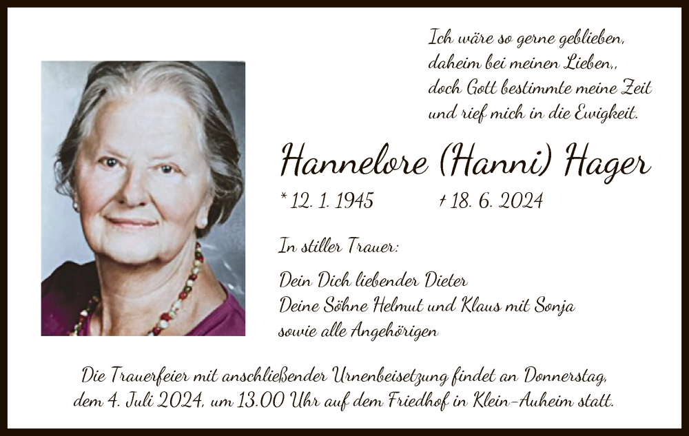  Traueranzeige für Hannelore Hager vom 29.06.2024 aus OF