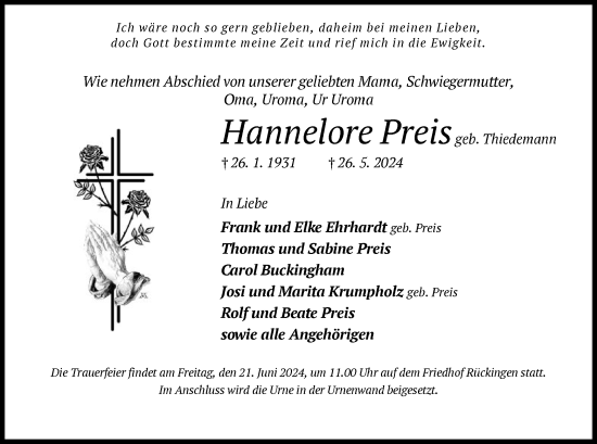 Traueranzeige von Hannelore Preis von OF