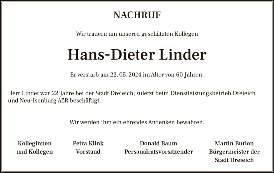 Traueranzeige von Hans-Dieter Linder von OF