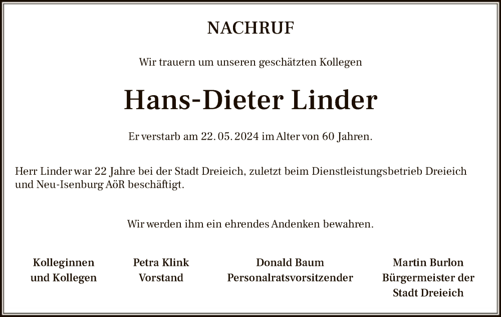  Traueranzeige für Hans-Dieter Linder vom 01.06.2024 aus OF
