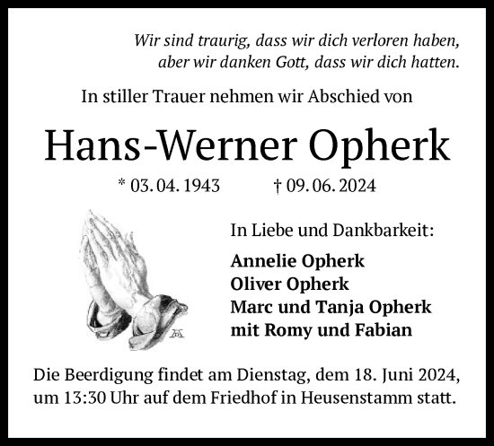 Traueranzeige von Hans-Werner Opherk von OF