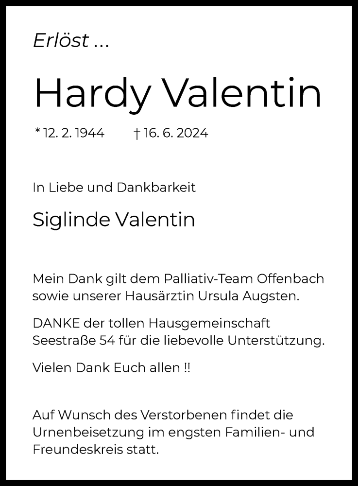  Traueranzeige für Hardy Valentin vom 22.06.2024 aus OF