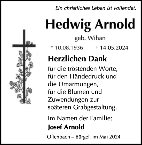 Traueranzeige von Hedwig Arnold von OF