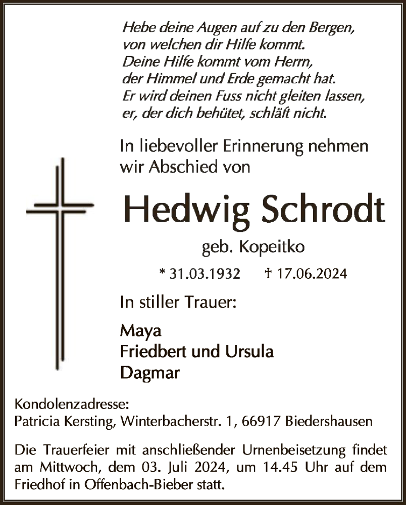  Traueranzeige für Hedwig Schrodt vom 29.06.2024 aus OF