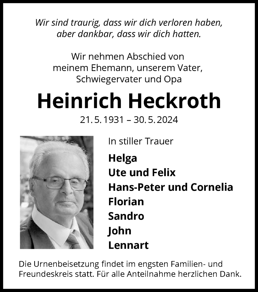  Traueranzeige für Heinrich Heckroth vom 08.06.2024 aus OF