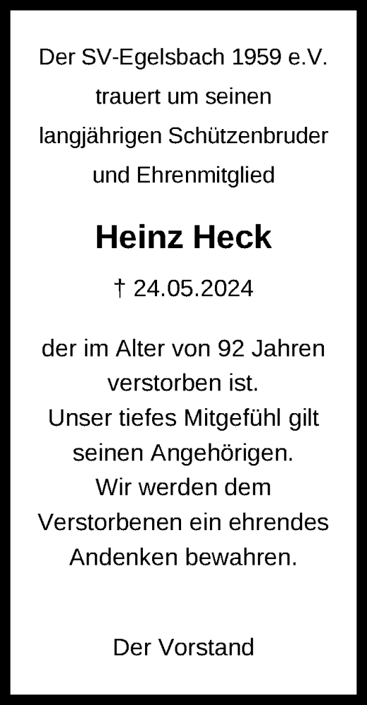  Traueranzeige für Heinz Heck vom 15.06.2024 aus OF