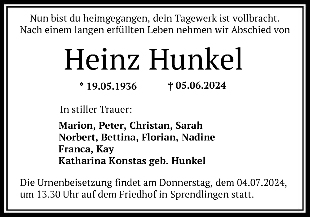  Traueranzeige für Heinz Hunkel vom 29.06.2024 aus OF