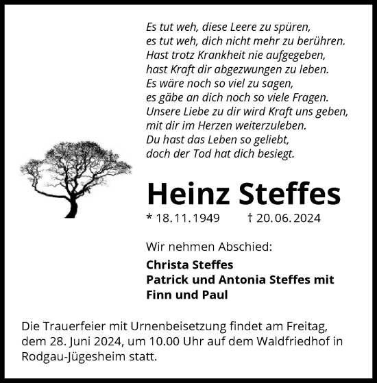 Traueranzeige von Heinz Steffes von OF