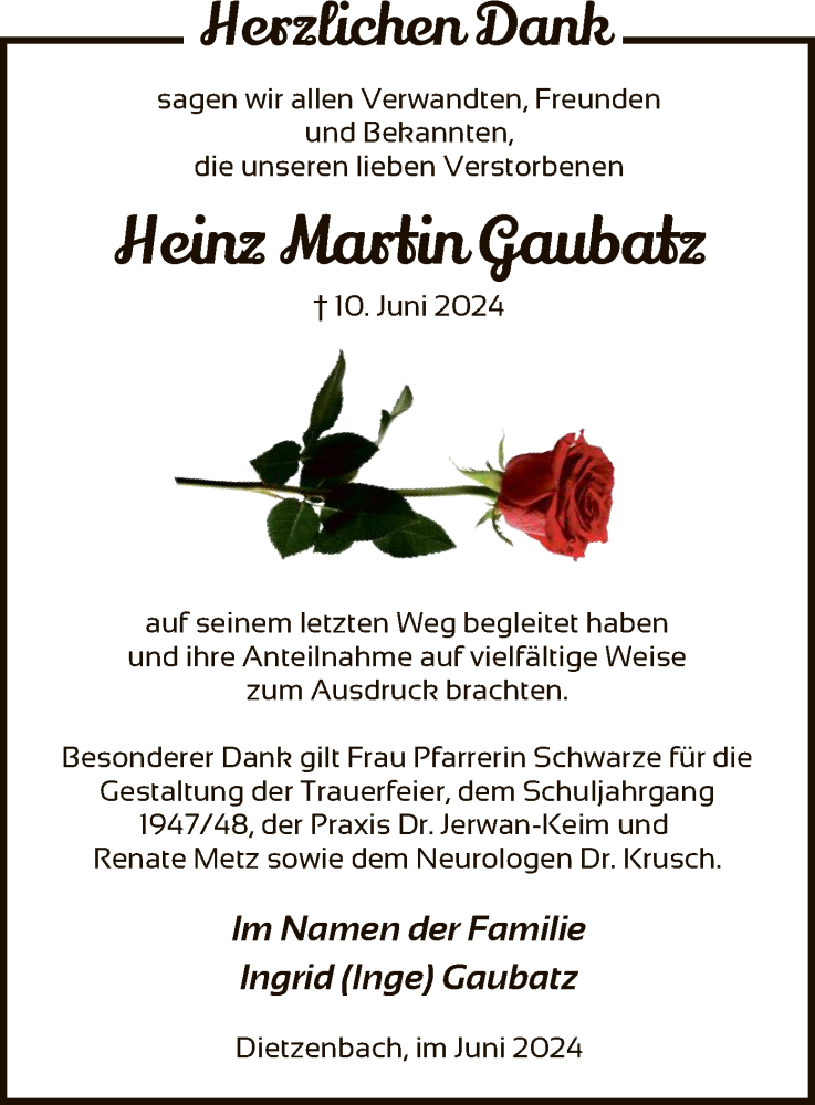  Traueranzeige für Heinz Martin Gaubatz vom 29.06.2024 aus OF