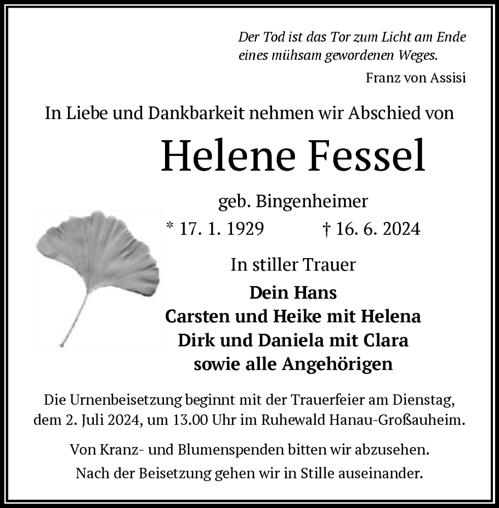  Traueranzeige für Helene Fessel vom 29.06.2024 aus OF