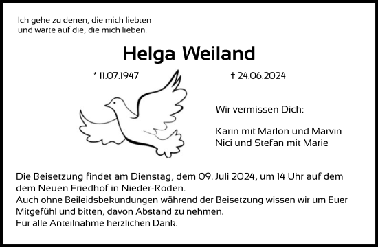 Traueranzeige von Helga Weiland von OF