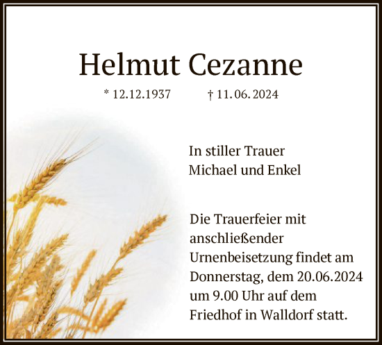 Traueranzeige von Helmut Cezanne von OF