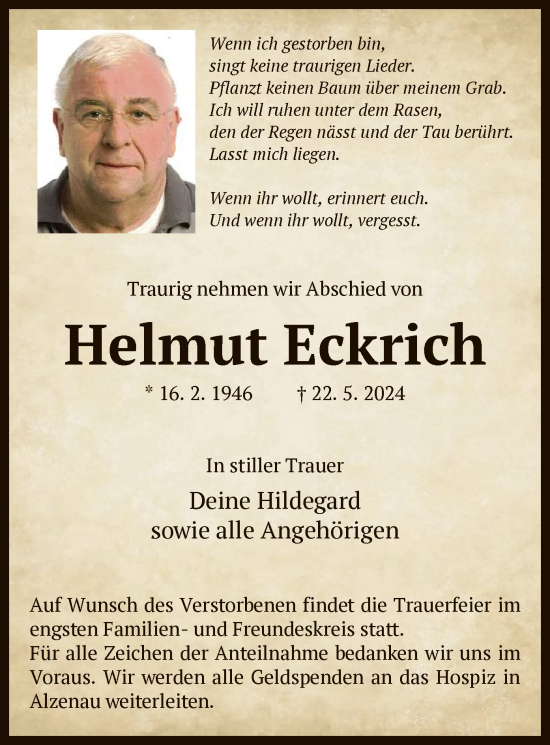 Traueranzeige von Helmut Eckrich von OF