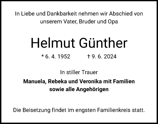 Traueranzeige von Helmut Günther von OF