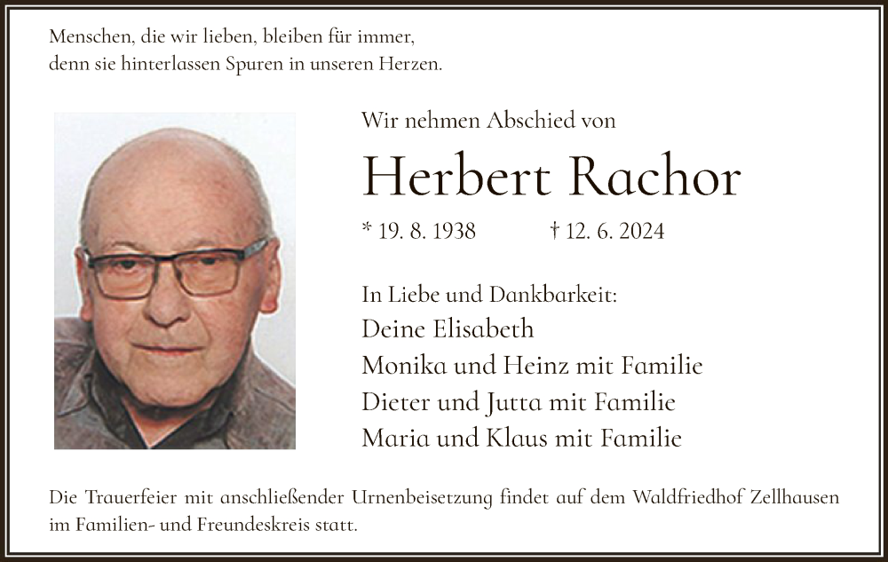  Traueranzeige für Herbert Rachor vom 22.06.2024 aus OF