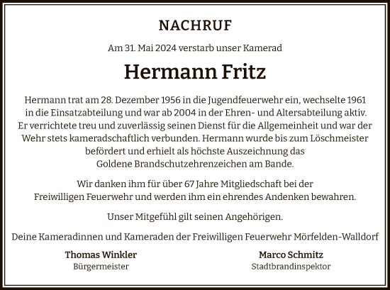 Traueranzeige von Hermann Fritz von OF