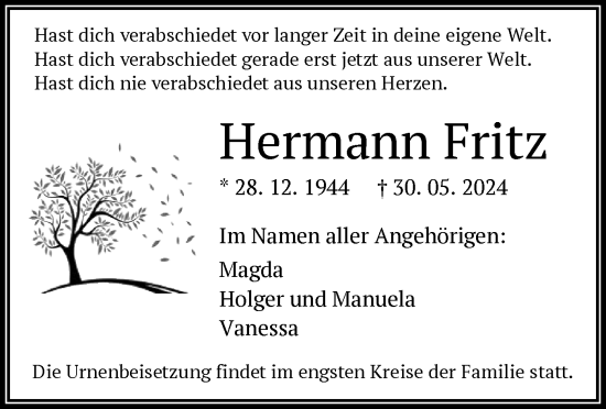 Traueranzeige von Hermann Fritz von OF