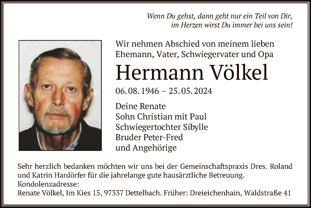  Traueranzeige für Hermann Völkel vom 08.06.2024 aus OF