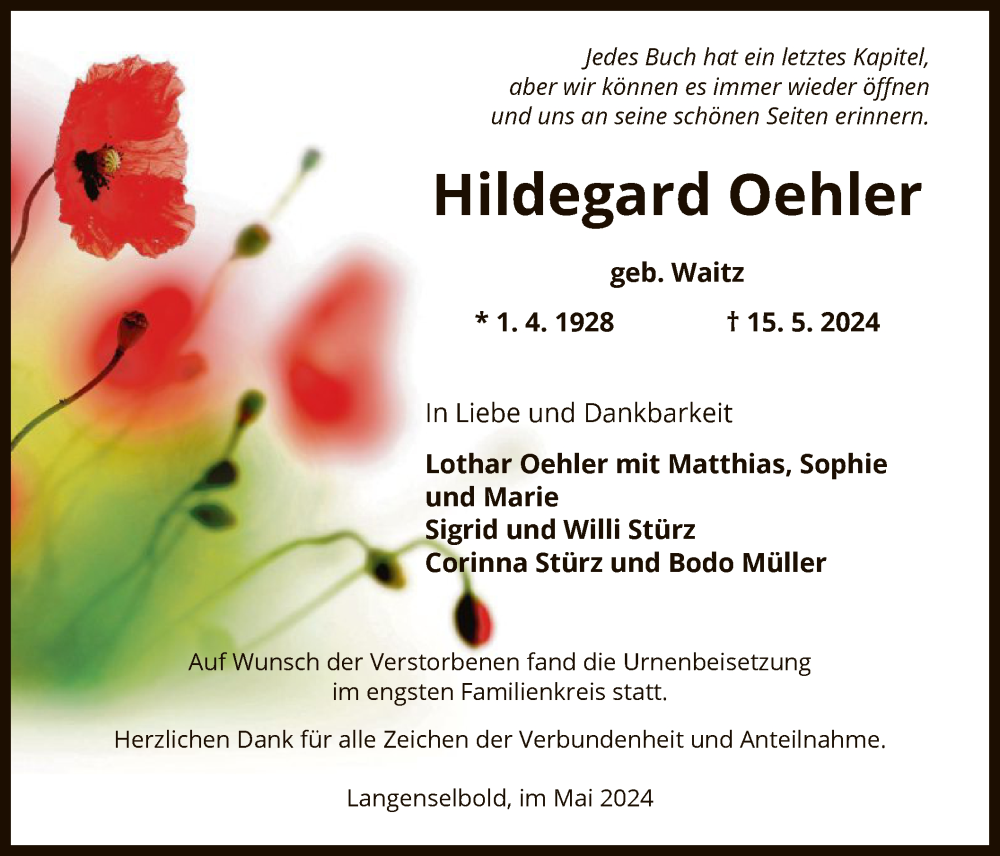  Traueranzeige für Hildegard Oehler vom 01.06.2024 aus OF