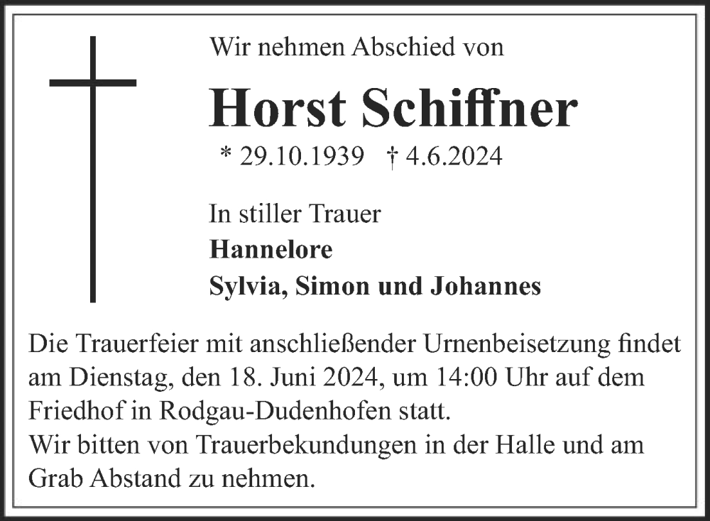  Traueranzeige für Horst Schiffner vom 18.06.2024 aus OF