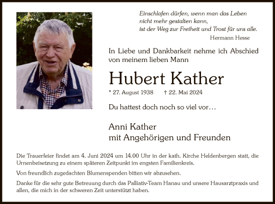 Traueranzeige von Hubert Kather von OF