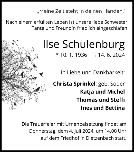 Traueranzeige von Ilse Schulenburg von OF