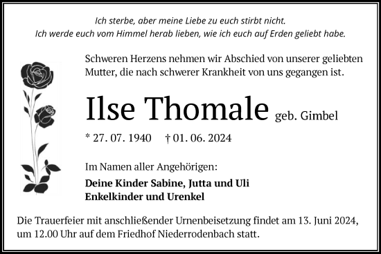 Traueranzeige von Ilse Thomale von OF