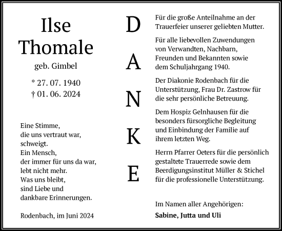 Traueranzeige von Ilse Thomale von OF