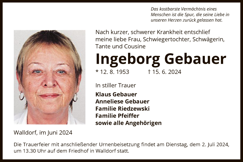  Traueranzeige für Ingeborg Gebauer vom 21.06.2024 aus OF