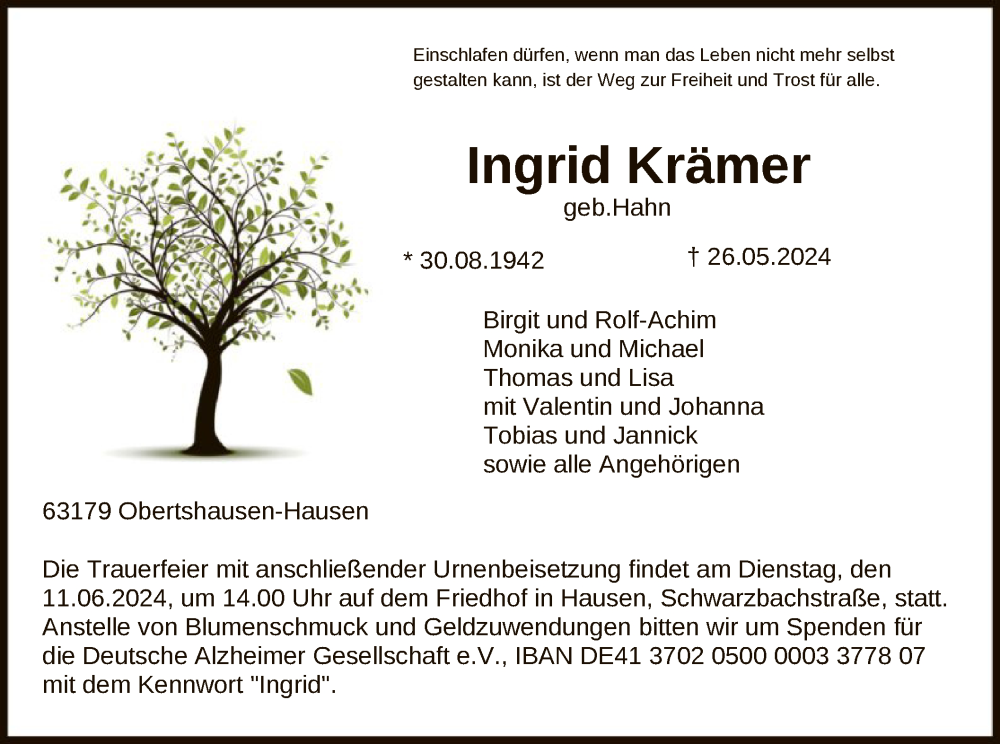  Traueranzeige für Ingrid Krämer vom 08.06.2024 aus OF