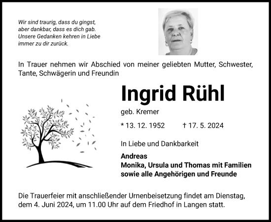 Traueranzeige von Ingrid Rühl von OF