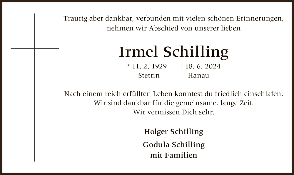  Traueranzeige für Irmel Schilling vom 29.06.2024 aus OF