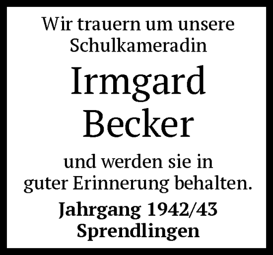 Traueranzeige von Irmgard Becker von OF