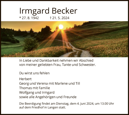 Traueranzeige von Irmgard Becker von OF