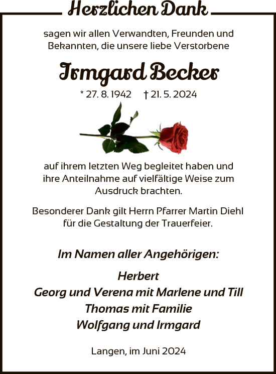 Traueranzeige von Irmgard Becker von OF