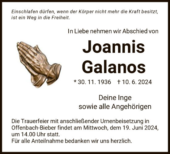 Traueranzeige von Joannis Galanos von OF