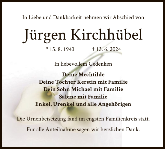 Traueranzeige von Jürgen Kirchhübel von OF