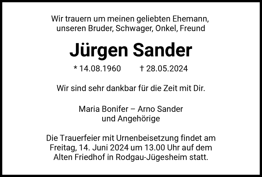  Traueranzeige für Jürgen Sander vom 08.06.2024 aus OF