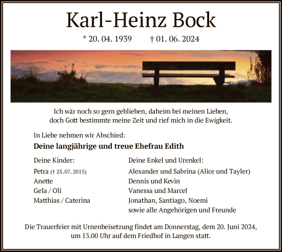 Traueranzeige von Karl-Heinz Bock von OF