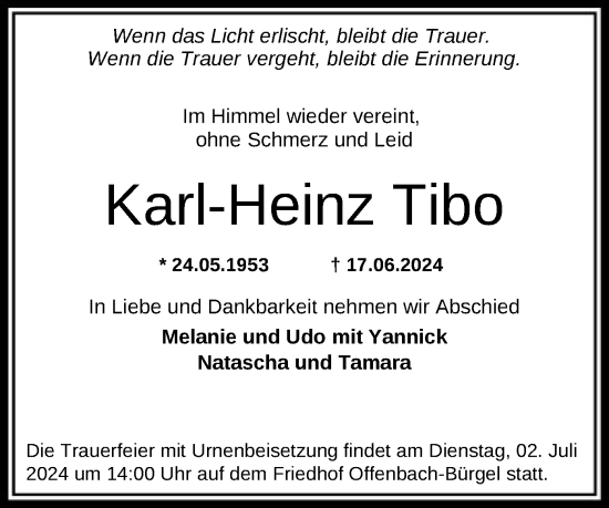 Traueranzeige von Karl-Heinz Tibo von OF
