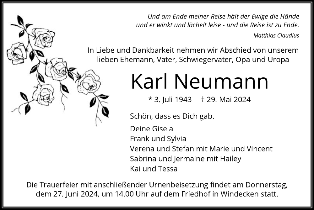  Traueranzeige für Karl Neumann vom 22.06.2024 aus OF