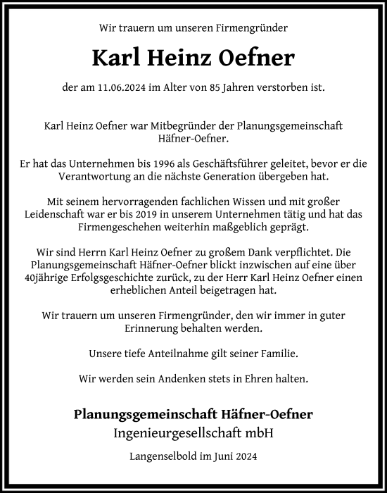 Traueranzeige von Karl Heinz Oefner von OF