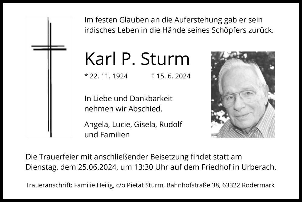  Traueranzeige für Karl P. Sturm vom 22.06.2024 aus OF