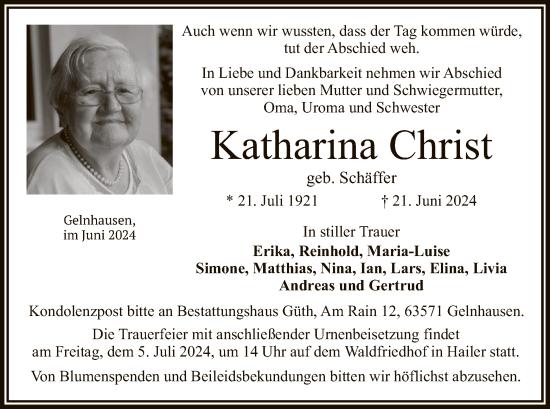 Traueranzeige von Katharina Christ von OF