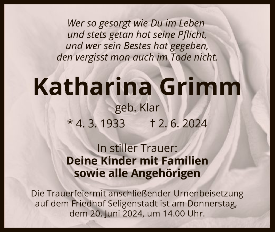 Traueranzeige von Katharina Grimm von OF