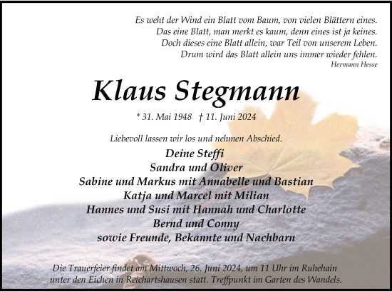 Traueranzeige von Klaus Stegmann von OF