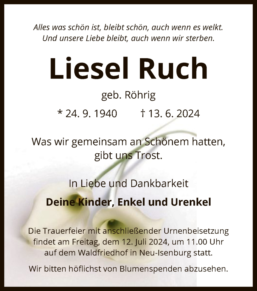  Traueranzeige für Liesel Ruch vom 29.06.2024 aus OF