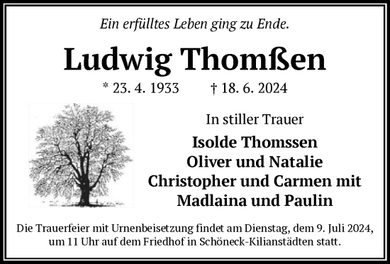 Traueranzeige von Ludwig Thomßen von OF